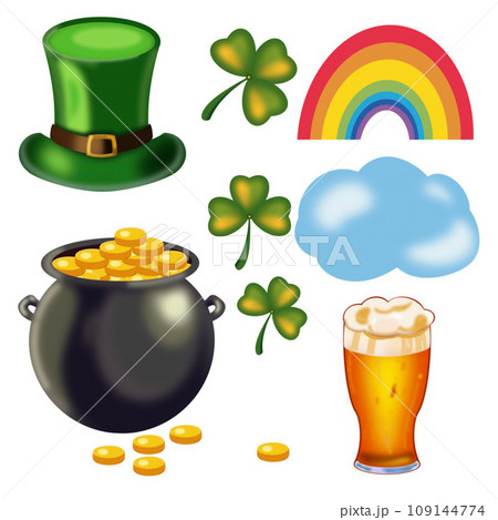 st patrick's day set green leprechaun hat, coin, clover shamrock, pot of gold, mug of foamy beer. st patrick's day set green leprechaun hat, coin, clover shamrock, pot of gold, mug of foamy beer. 109144774