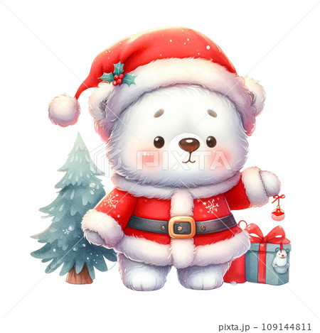 Cartoon bear cub in Santa Claus outfit watercolor clip art 109144811