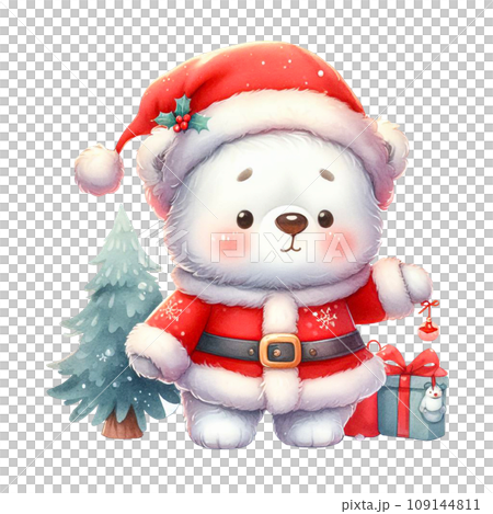 Cartoon bear cub in Santa Claus outfit watercolor clip art 109144811