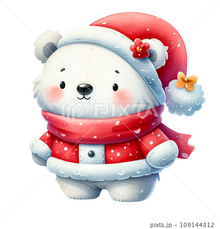 Cartoon bear cub in Santa Claus outfit watercolor clip art Cartoon bear cub in Santa Claus outfit watercolor clip art 109144812