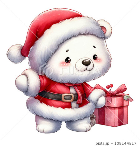Cartoon bear cub in Santa Claus outfit watercolor clip art Cartoon bear cub in Santa Claus outfit watercolor clip art 109144817