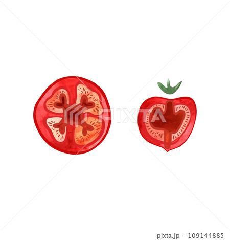 Tomato slices. Pizza topping. Isolated watercolor illustration on white background for menus and recipes. Tomato slices. Pizza topping. Isolated watercolor illustration on white background for menus and recipes. 109144885