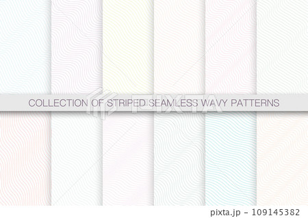 Collection of delicate seamless striped wave patterns - repeatable light backgrounds. Wavy linear white textures. Minimalistic textile prints with lines 109145382
