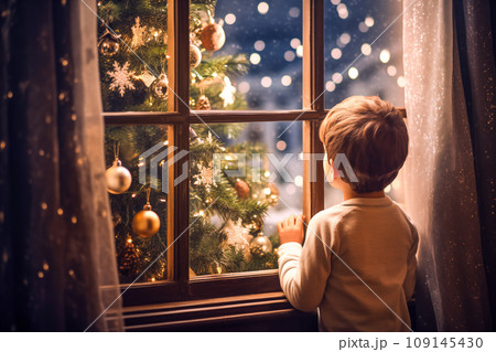 Curious child look at Christmas tree through the window. AI content 109145430
