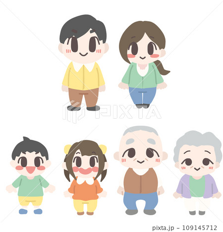 頭身低めにかわいくデフォルメした家族三世代のカラーイラストセット 頭身低めにかわいくデフォルメした家族三世代のカラーイラストセット 109145712