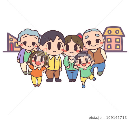 頭身低めにかわいくデフォルメした家族三世代の家族写真風カラーイラストセット 109145718