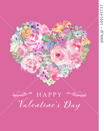 水彩で描いたピンクのバラと草花でできたハートの形のバレンタイン用イラスト 109145737