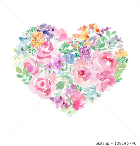 水彩で描いたピンクのバラと草花でできたハートの形のバレンタイン用イラスト 水彩で描いたピンクのバラと草花でできたハートの形のバレンタイン用イラスト 109145740