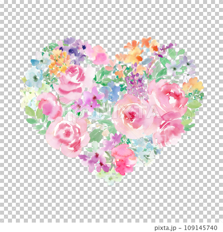 Valentine's day illustration of a heart shape made of pink roses and flowers drawn in watercolor Valentine's day illustration of a heart shape made of pink roses and flowers drawn in watercolor 109145740