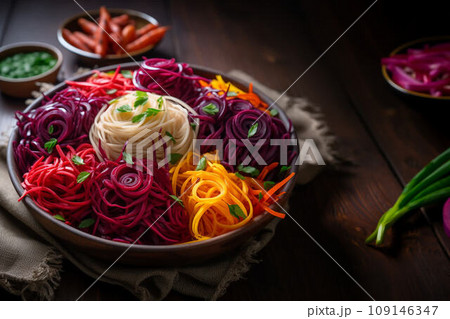 Vegetable noodle concept - selection of vegetable spaghetti, low carb diet alternative 109146347