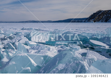 On the ice of Lake Baikal. beautiful pieces of ice. Ice hummock on the ice of lake Baikal 109146421