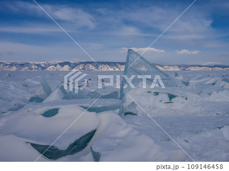 On the ice of Lake Baikal. beautiful pieces of ice. Ice hummock on the ice of lake Baikal On the ice of Lake Baikal. beautiful pieces of ice. Ice hummock on the ice of lake Baikal 109146458