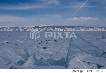 On the ice of Lake Baikal. beautiful pieces of ice. Ice hummock on the ice of lake Baikal On the ice of Lake Baikal. beautiful pieces of ice. Ice hummock on the ice of lake Baikal 109146467
