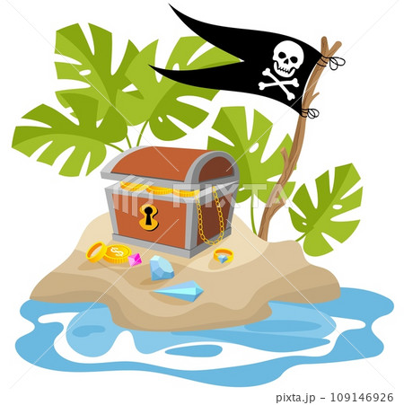 Pirate adventure. Pirate flag and treasure chest on the island. Pirates party kids adventure. 109146926