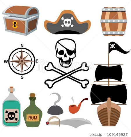 Pirate adventure. Pirate set with ship, skull, barrel and poison. Pirates party kids adventure. Pirate adventure. Pirate set with ship, skull, barrel and poison. Pirates party kids adventure. 109146927
