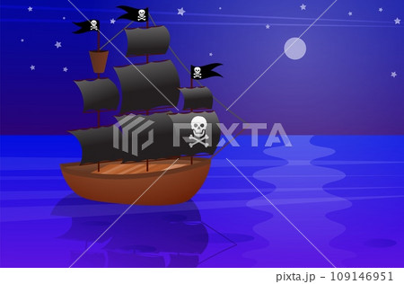 Pirate adventure.  A pirate ship sails on the ocean on a tropical night. Pirates party kids adventure. 109146951