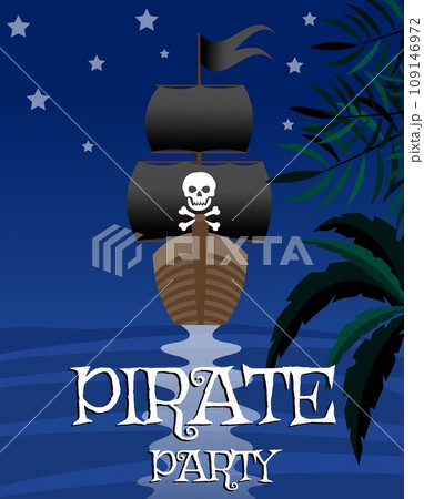 Pirate adventure. Poster invitation to a pirate party. A pirate sailboat sails on the sea at night. 109146972