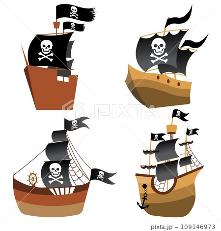 Pirate adventure. Pirate set with a ship, a sailboat, a frigate and flags. Pirate adventure. Pirate set with a ship, a sailboat, a frigate and flags. 109146973