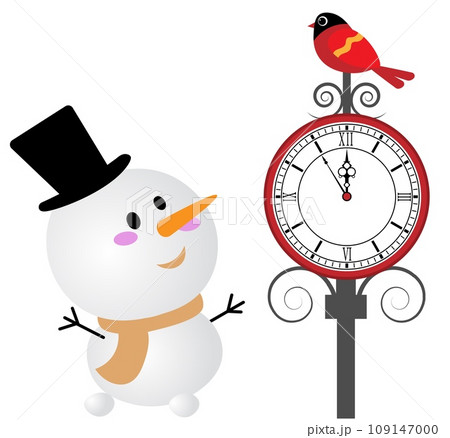 Christmas story time. Snowman and clock with a bird. Christmas and New Year vector composition. Christmas story time. Snowman and clock with a bird. Christmas and New Year vector composition. 109147000