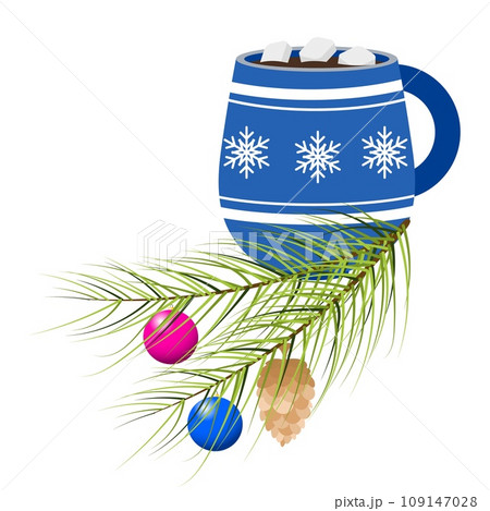 Christmas story time. Blue mug with coffee and marshmallows near a decorated Christmas tree branch. Christmas and New Year vector composition. 109147028