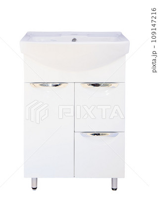 Beautiful white cabinet on a white background. White cabinet in the kitchen or to the bathroom. Beautiful design in the house. Beautiful white cabinet on a white background. White cabinet in the kitchen or to the bathroom. Beautiful design in the house. 109147216