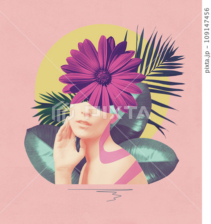 Abstract contemporary art design or portrait of young woman with flowers on face hides her eyes Abstract contemporary art design or portrait of young woman with flowers on face hides her eyes 109147456