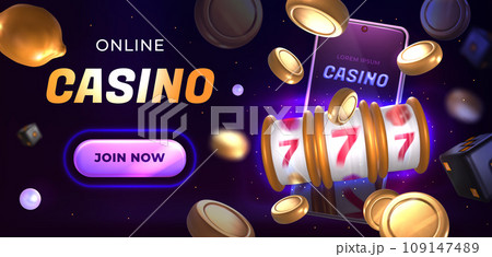 Online casino banner with slot machine, flying golden coins and smartphone 109147489