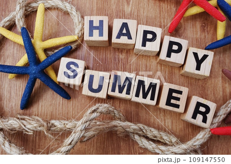 happy summer with nautical decoration on wooden background holiday's concept happy summer with nautical decoration on wooden background holiday's concept 109147550