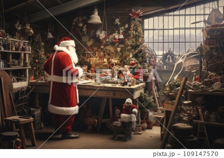 Santa Claus works diligently, creating and wrapping toys in his festive workshop Santa Claus works diligently, creating and wrapping toys in his festive workshop 109147570