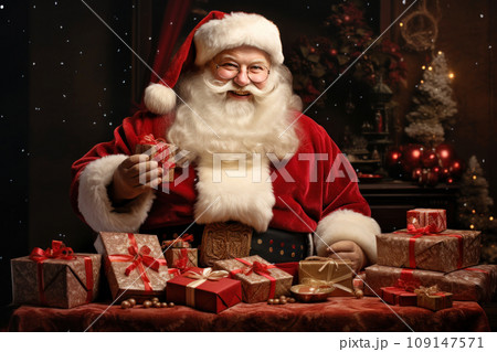 Cheerful Santa Claus with gift boxes on Christmas background Cheerful Santa Claus with gift boxes on Christmas background 109147571