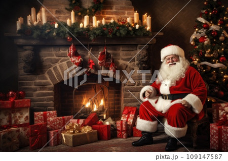 Santa Claus resting in an armchair next to the fireplace and Christmas tree 109147587