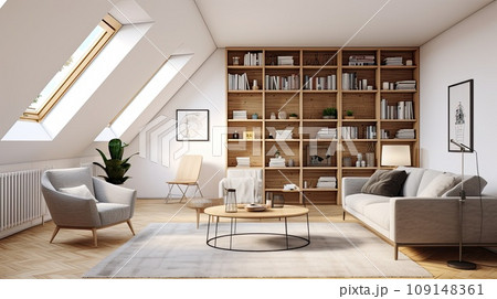 Interior in a modern country house. Arrangement and cozy atmosphere in the attic of a country house. 109148361