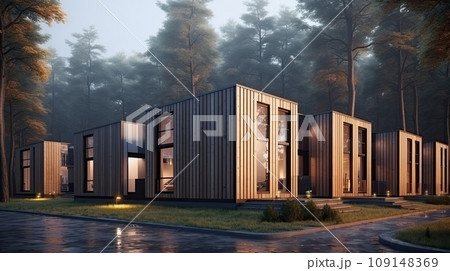Residential minimalist architecture exterior. A very modern neighborhood, late afternoon or morning shot. Residential minimalist architecture exterior. A very modern neighborhood, late afternoon or morning shot. 109148369