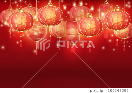 Realistic chinese garland. Asian red lanterns with sparkle lights garlands lamp, paper lantern light for new year china celebration or japanese festival, decent vector illustration Realistic chinese garland. Asian red lanterns with sparkle lights garlands lamp, paper lantern light for new year china celebration or japanese festival, decent vector illustration 109148393