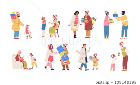 People give christmas presents. Happy family giving gifts, xmas surprise gifting, children person receive gift, couple celebrate winter holiday, classy present vector illustration 109148398