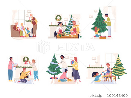 Family christmas preparation. Friends prepare for winter holiday, people celebrating xmas miracle, grandmother parents children relax poses at fireplace, classy vector illustration 109148400