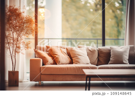 Fragment of a modern living room with sofa, coffee table and large window, selective focus Fragment of a modern living room with sofa, coffee table and large window, selective focus 109148645
