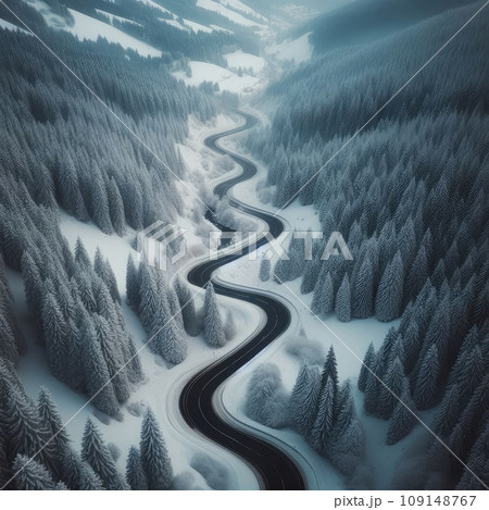 Snow covered trees and road line, aerial drone photo 109148767