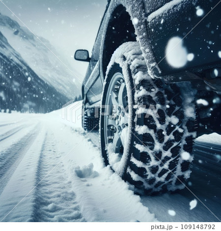 close up different winter tires on a snowy road in the mountains - snow storm close up different winter tires on a snowy road in the mountains - snow storm 109148792