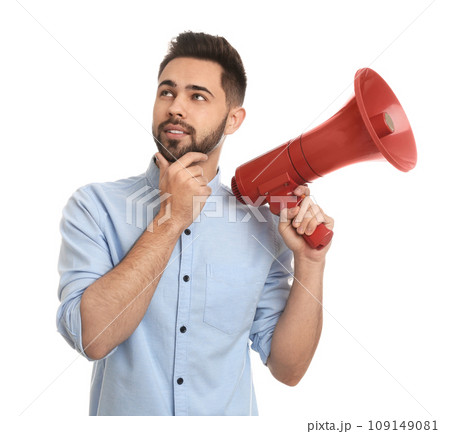 Young man with megaphone on white background 109149081