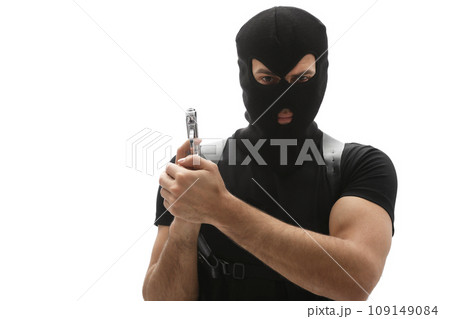 Professional killer with gun on white background Professional killer with gun on white background 109149084