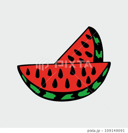 Two slices of watermelon isolated on gray background. Doodle style Two slices of watermelon isolated on gray background. Doodle style 109149091