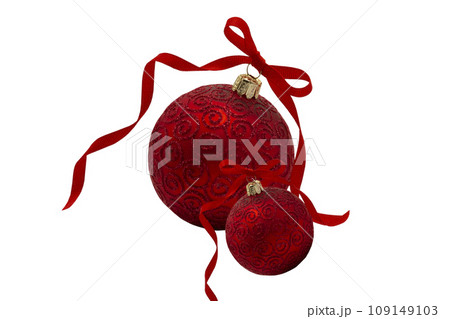 red Christmas festive ornaments. Merry Christmas and Happy New Year Holidays greeting card, frame, banner 109149103