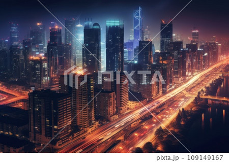 High speed traffic and light trails in highway at twilight Modern city at night High speed traffic and light trails in highway at twilight Modern city at night 109149167