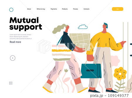 Mutual Support: Door Holding - modern flat vector concept illustration of woman carrying heavy box and man holding door for her. A metaphor of voluntary, collaborative exchanges of resource, services 109149377