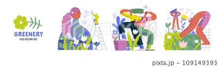 Greenery, ecology -modern flat vector concept illustration of people and plants. Metaphor of environmental sustainability and protection, closeness to nature, green life, ecosystem and biosphere Greenery, ecology -modern flat vector concept illustration of people and plants. Metaphor of environmental sustainability and protection, closeness to nature, green life, ecosystem and biosphere 109149393