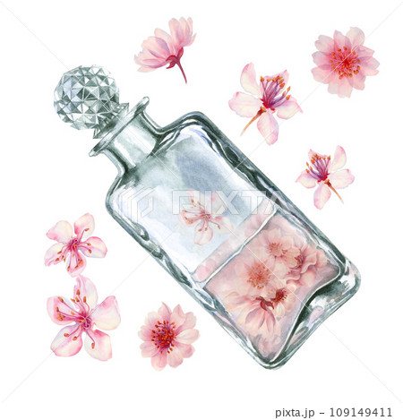 Watercolor pink blooming cherry blossom flowers with glass bottles, perfume, for wedding, birthday, Valentine's Day clipart. Hand drawn drawing for card, border, frame isolated on white background Watercolor pink blooming cherry blossom flowers with glass bottles, perfume, for wedding, birthday, Valentine's Day clipart. Hand drawn drawing for card, border, frame isolated on white background 109149411