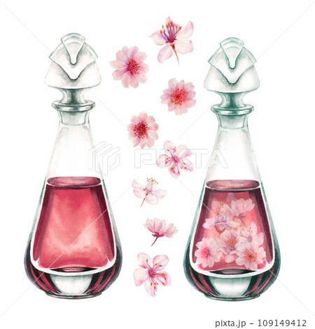 Watercolor pink blooming cherry blossom flowers with glass bottles, perfume, for wedding, birthday, Valentine's Day clipart. Hand drawn drawing for card, border, frame isolated on white background 109149412
