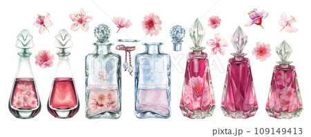 Watercolor pink blooming cherry blossom flowers with glass bottles, perfume, for wedding, birthday, Valentine's Day clipart. Hand drawn drawing for card, border, frame isolated on white background Watercolor pink blooming cherry blossom flowers with glass bottles, perfume, for wedding, birthday, Valentine's Day clipart. Hand drawn drawing for card, border, frame isolated on white background 109149413