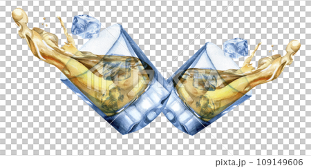 Watercolor hand drawn transparent blue drinking glasses illustration. Glass with yellow liquid in motion and pieces of ice arrangement for bar, restaurant, menu, cocktail design Watercolor hand drawn transparent blue drinking glasses illustration. Glass with yellow liquid in motion and pieces of ice arrangement for bar, restaurant, menu, cocktail design 109149606